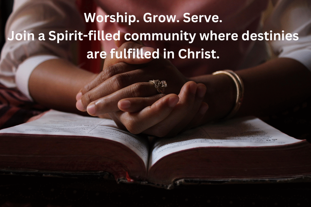 Bible-believing church in Freiburg: a woman prays over an open Bible with a message that invites all to worship, grow, and serve in Christ.