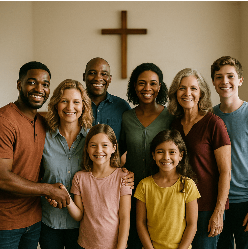 Diverse group of church members smiling together in front of a cross, representing the welcoming ministries at Destined Winners Ministry International.